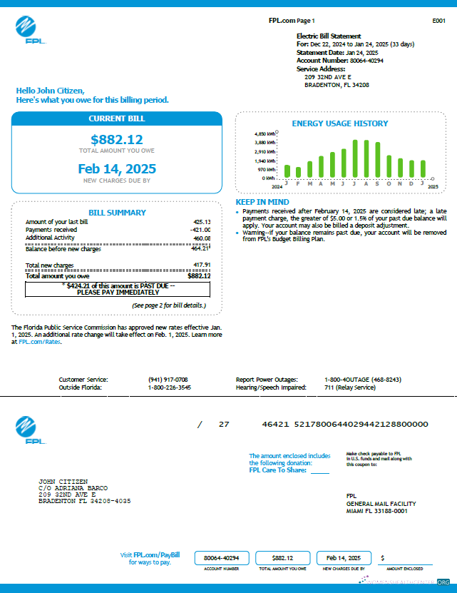 download download USA FPL utility bill template in Word and PDF formats, version 5 PDF template PDF template